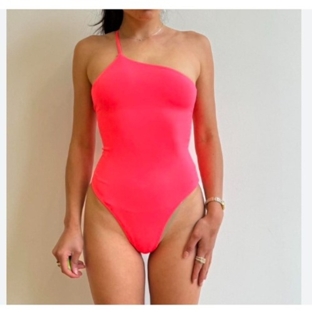 ALO Neon Coral Pink One Shoulder High Cut One Piece Swimsuit Compression L
